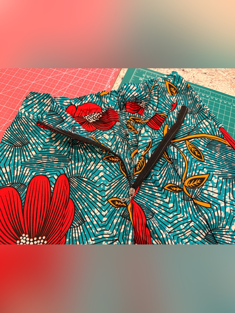 Boho Wide-Leg Floral Pants - Teal with Red Floral - Picture 9 of 9